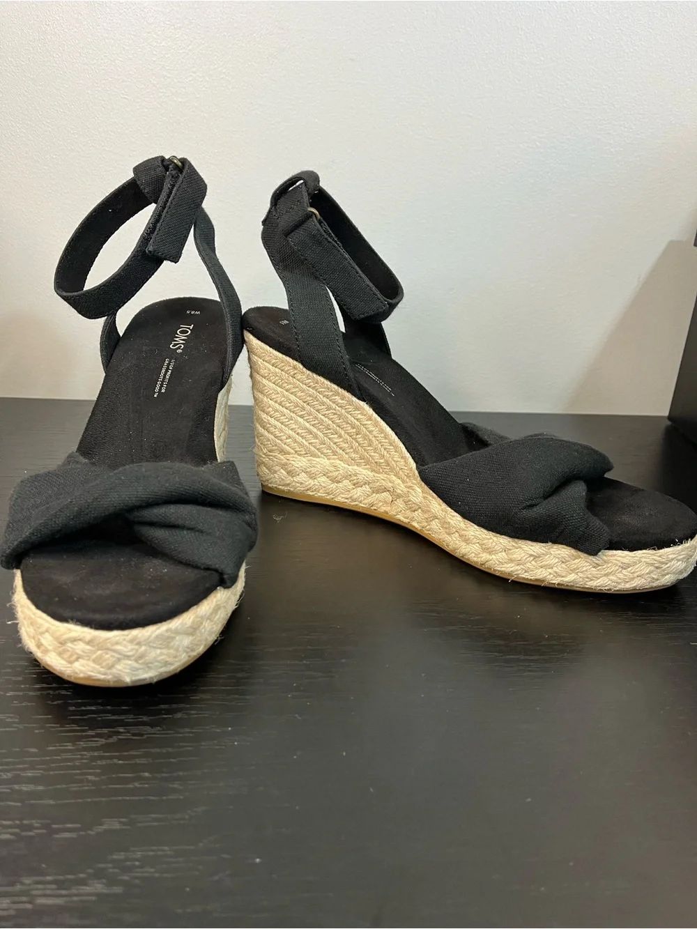 Toms Marisela Black Wedge Espadrille Ankle-Strap Sandals Women’s 8.5